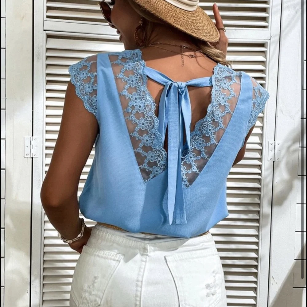 Boho Lace Mesh Sheer Tie Back Cap Sleeve Top Blouse Blue - Picture 1 of 14